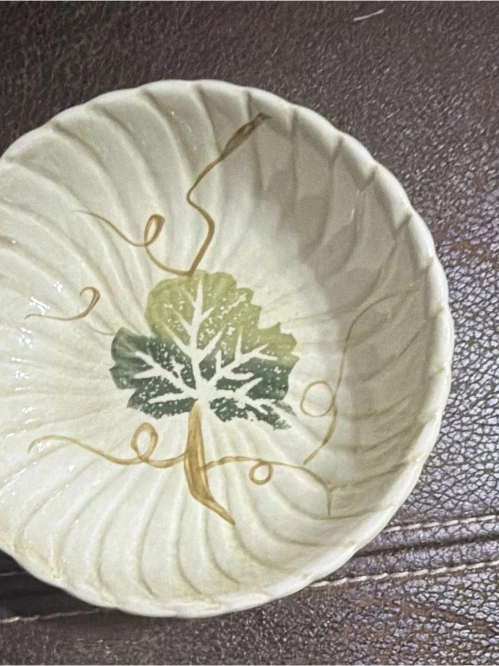 Vintage Ceramic Leaf Accent Sauce Bowls - Cream and Green